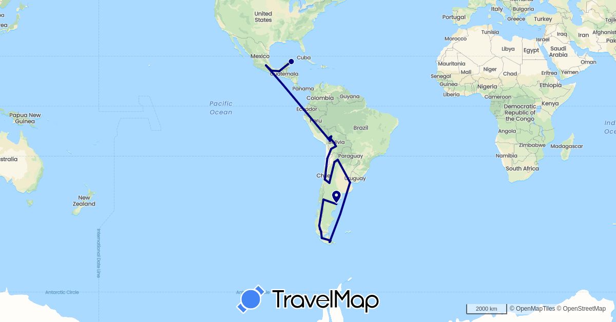 TravelMap itinerary: driving in Argentina, Bolivia, Chile, Mexico (North America, South America)
