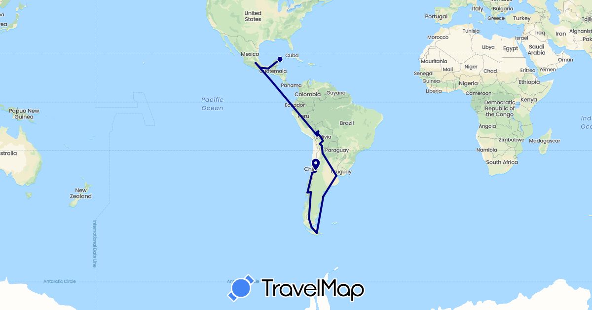 TravelMap itinerary: driving in Argentina, Bolivia, Chile, Mexico (North America, South America)